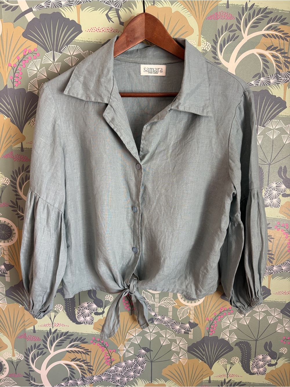 Samara Women's Light Blue Linen Button-Front Tie-Hem Blouse, M